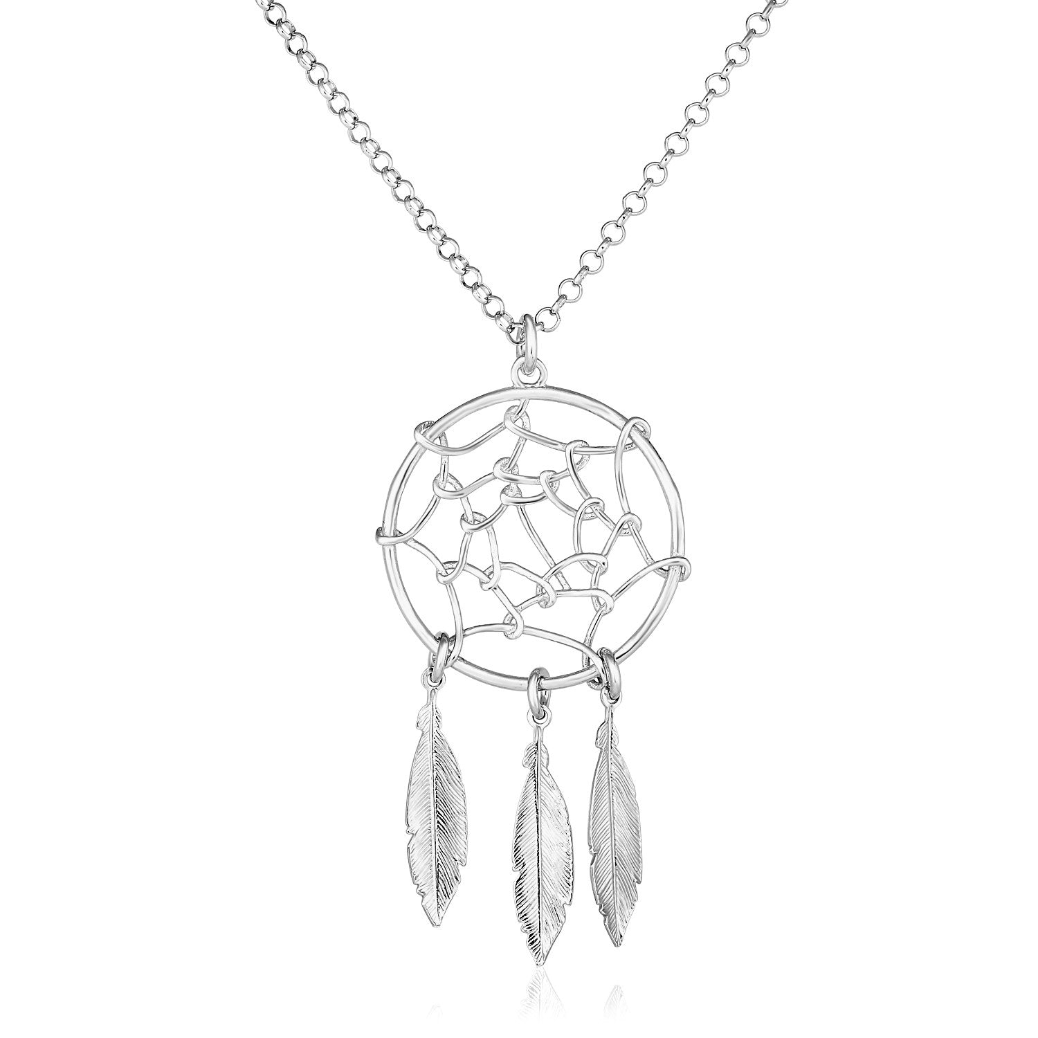 Sterling Silver 17 inch Necklace with Dream Catcher Pendant in a sleek high-contrast midnight luxury editorial style